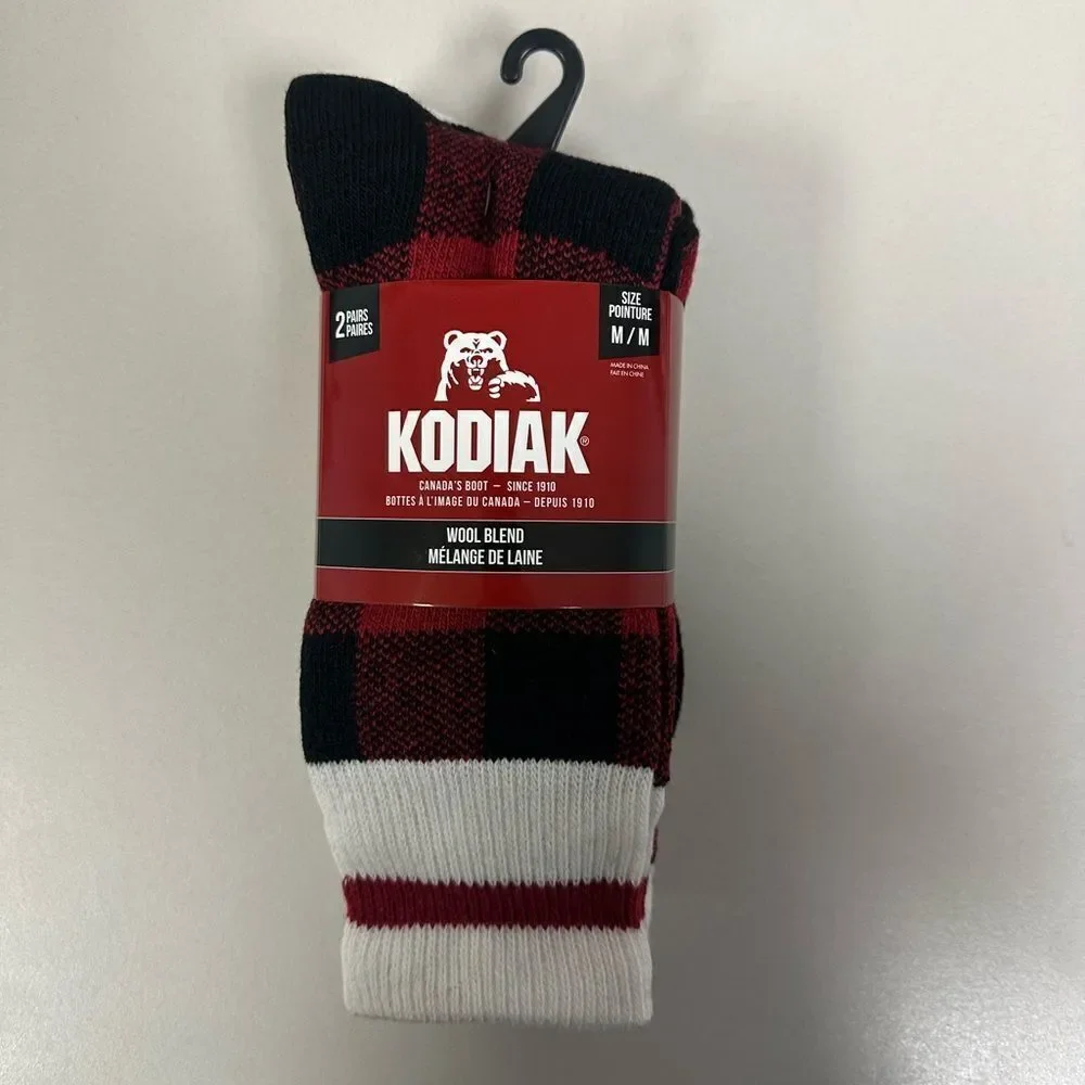KODIAK Thermal Black White Red M US W 4-10 Buffalo Plaid Wool Boot Socks 2 Pack